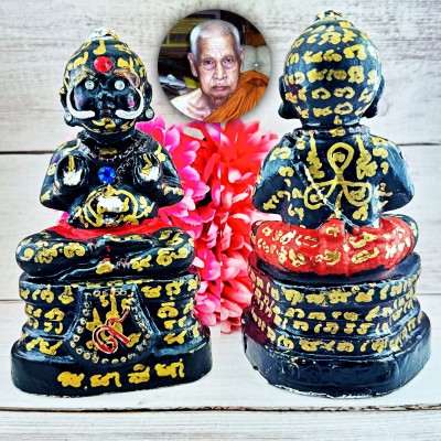 Wealth Clay Guman Statue Diamond Eye Lp Yam Nayak Be2549 Black Thai Amulet 17518